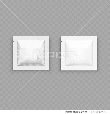 Realistic White Foil Sachet Mockup Set. Vector Blank Square Packet Templates with Tear Notch for Cosmetic or Food. 138847589