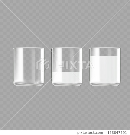 Realistic Glass of Milk Mockup Set. Vector Empty, Half-Full and Full Transparent Highball Cups with Dairy Drink. 138847591