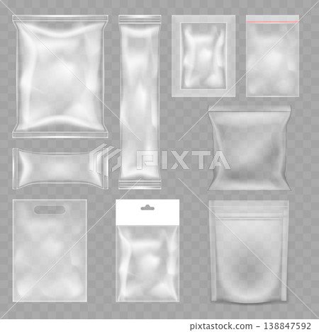 Realistic Transparent Plastic Packaging Mockup Set. Vector Blank Clear Bags, Ziplock Pouches and Candy Wrappers. 138847592