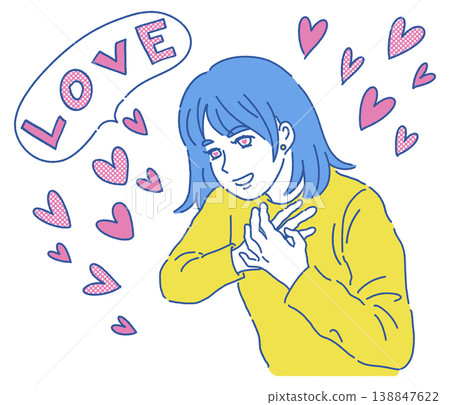 An illustration of a woman with both hands on her chest, feeling excited. 138847622