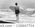 Woman from behind holding surfboard walking on shore looking out at ocean waves 138847754