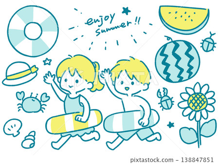 Simple hand-drawn illustrations of children in summer 138847851
