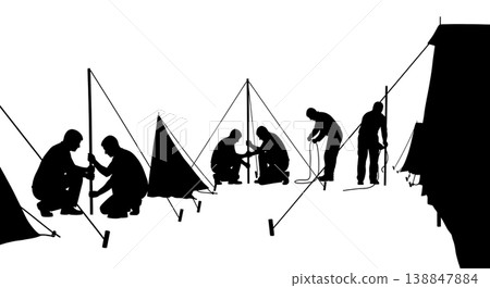 Black Solid Emergency Relief Tent Setup Silhouettes Set of Six on White Background 138847884
