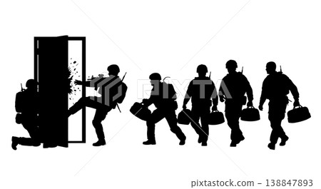 Black Solid Elite Tactical Medic Breach Silhouettes Set Of Six On White Background Black Solid Elite Tactical Medic Breach Silhouettes Set Of Six On White Background 138847893