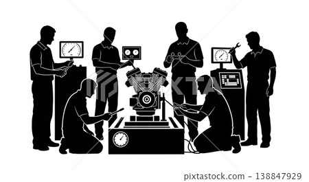 Black Solid Dynamometer Engine Testing Technician Silhouettes 138847929
