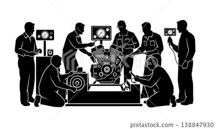 Black Solid Dynamometer Engine Testing Technician Silhouettes 138847930