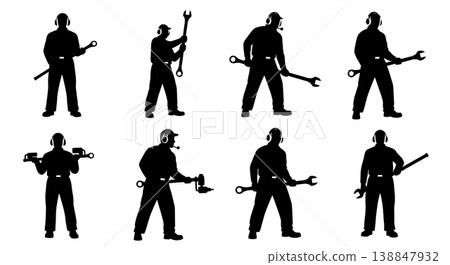 Black Solid Ear Protection Torque Wrench Mechanic Silhouettes Set of Six on White Background 138847932