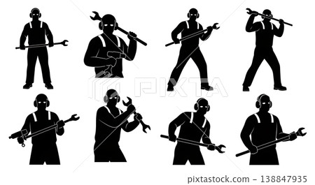 Black Solid Ear Protection Torque Wrench Mechanic Silhouettes Set of Six on White Background 138847935