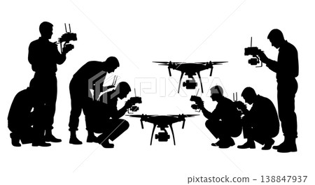 Black Solid Drone Payload Inspection Technicians Silhouettes Set of Six on White Background Black Solid Drone Payload Inspection Technicians Silhouettes Set of Six on White Background 138847937