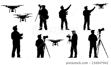Black Solid Standing Drone Photographer Silhouettes Set of Six on White Background Black Solid Standing Drone Photographer Silhouettes Set of Six on White Background 138847942