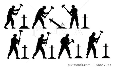 Black Solid Driving Tent Peg Sledgehammer Engineer Silhouettes Set of Six on White Background Black Solid Driving Tent Peg Sledgehammer Engineer Silhouettes Set of Six on White Background 138847953