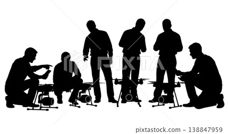 Black Solid Drone Payload Inspection Technicians Silhouettes Set of Six on White Background Black Solid Drone Payload Inspection Technicians Silhouettes Set of Six on White Background 138847959
