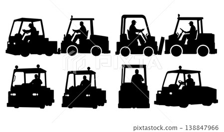Black Solid Driving Heavy Pushback Tug Crew Silhouettes Set of Six on White Background 138847966