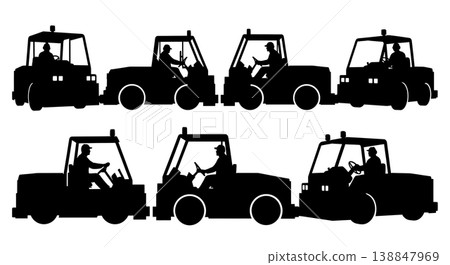 Black Solid Driving Heavy Pushback Tug Crew Silhouettes Set of Six on White Background Black Solid Driving Heavy Pushback Tug Crew Silhouettes Set of Six on White Background 138847969