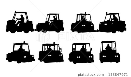 Black Solid Driving Heavy Pushback Tug Crew Silhouettes Set of Six on White Background Black Solid Driving Heavy Pushback Tug Crew Silhouettes Set of Six on White Background 138847971