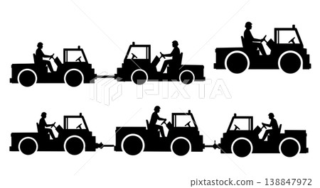 Black Solid Driving Heavy Pushback Tug Crew Silhouettes Set of Six on White Background 138847972