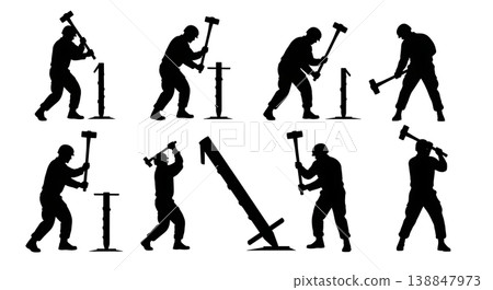 Black Solid Driving Tent Peg Sledgehammer Engineer Silhouettes Set of Six on White Background Black Solid Driving Tent Peg Sledgehammer Engineer Silhouettes Set of Six on White Background 138847973