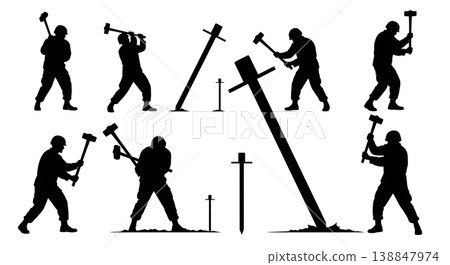 Black Solid Driving Tent Peg Sledgehammer Engineer Silhouettes Set of Six on White Background Black Solid Driving Tent Peg Sledgehammer Engineer Silhouettes Set of Six on White Background 138847974