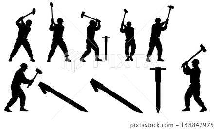 Black Solid Driving Tent Peg Sledgehammer Engineer Silhouettes Set of Six on White Background Black Solid Driving Tent Peg Sledgehammer Engineer Silhouettes Set of Six on White Background 138847975