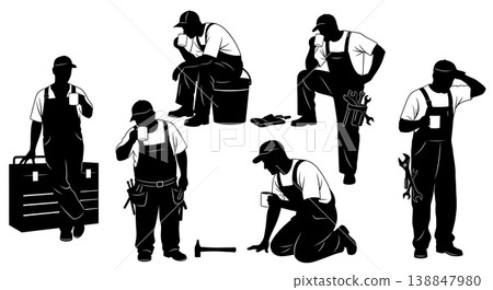 Black Solid Drinking Coffee Mug Shop Break Mechanic Silhouettes Set of Six on White Background Black Solid Drinking Coffee Mug Shop Break Mechanic Silhouettes Set of Six on White Background 138847980