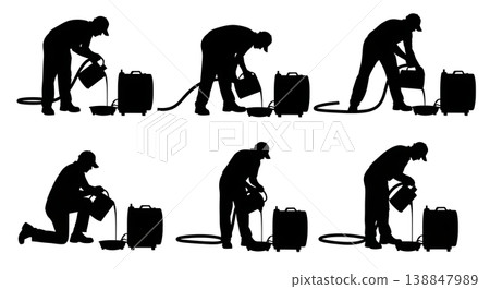 Black Solid Draining Used Oil Auxiliary Power Mechanic Silhouettes Set of Six on White Background 138847989