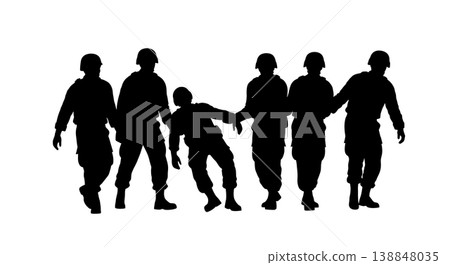 Black Solid Medic Dragging Wounded Warrior Silhouettes Set Of Six On White Background 138848035