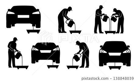 Black Solid Draining Old Oil Drip Tray Mechanic Silhouettes Set of Six on White Background Black Solid Draining Old Oil Drip Tray Mechanic Silhouettes Set of Six on White Background 138848039