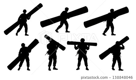 Black Solid Dragging Heavy Log Route Troop Silhouettes Set of Six on White Background Black Solid Dragging Heavy Log Route Troop Silhouettes Set of Six on White Background 138848046