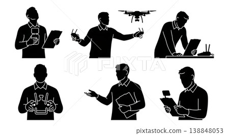 Black Solid Dispatcher Clipboard Drone Operator Silhouettes Set of Six on White Background Black Solid Dispatcher Clipboard Drone Operator Silhouettes Set of Six on White Background 138848053