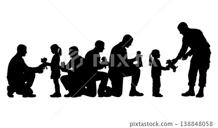 Black Solid Displaced Child Toy Handing Silhouettes Set of Six on White Background Black Solid Displaced Child Toy Handing Silhouettes Set of Six on White Background 138848058