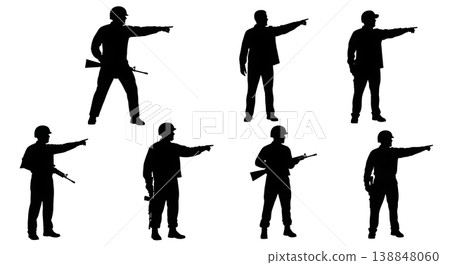 Black Solid Distant Horizon Pointing Silhouettes Set of Six on White Background Black Solid Distant Horizon Pointing Silhouettes Set of Six on White Background 138848060