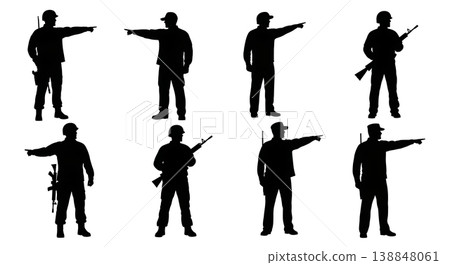 Black Solid Distant Horizon Pointing Silhouettes Set of Six on White Background Black Solid Distant Horizon Pointing Silhouettes Set of Six on White Background 138848061