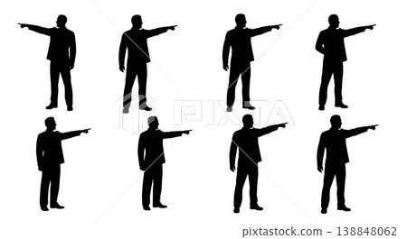Black Solid Distant Horizon Pointing Silhouettes Set of Six on White Background Black Solid Distant Horizon Pointing Silhouettes Set of Six on White Background 138848062