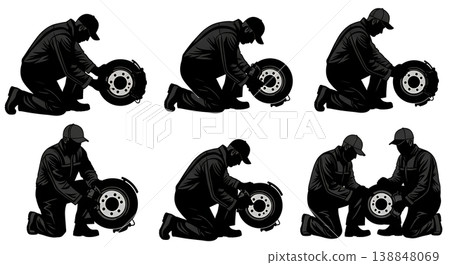 Black Solid Disc Brake Pad Replacement Silhouettes Set of Six on White Background 138848069