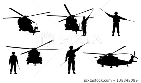 Black Solid Directing Supply Helicopter Wand Military Silhouettes Set of Six on White Background Black Solid Directing Supply Helicopter Wand Military Silhouettes Set of Six on White Background 138848089