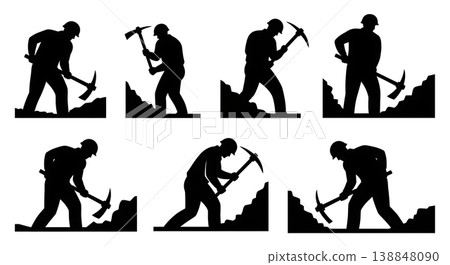 Black Solid Digging Trench Heavy Pickaxe Engineer Silhouettes Set of Six on White Background 138848090