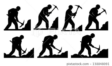 Black Solid Digging Trench Heavy Pickaxe Engineer Silhouettes Set of Six on White Background Black Solid Digging Trench Heavy Pickaxe Engineer Silhouettes Set of Six on White Background 138848091