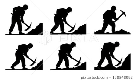 Black Solid Digging Trench Heavy Pickaxe Engineer Silhouettes Set of Six on White Background Black Solid Digging Trench Heavy Pickaxe Engineer Silhouettes Set of Six on White Background 138848092