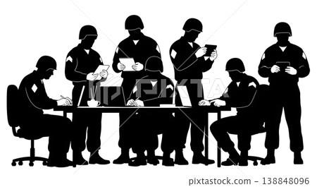 Black Solid Digital Forensics Military Specialists Silhouettes Set of Six on White Background Black Solid Digital Forensics Military Specialists Silhouettes Set of Six on White Background 138848096