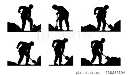 Black Solid Digging Field Latrine Shovel Sapper Silhouettes Set of Six on White Background Black Solid Digging Field Latrine Shovel Sapper Silhouettes Set of Six on White Background 138848104