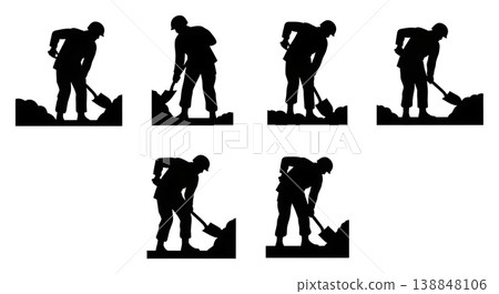 Black Solid Digging Field Latrine Shovel Sapper Silhouettes Set of Six on White Background Black Solid Digging Field Latrine Shovel Sapper Silhouettes Set of Six on White Background 138848106