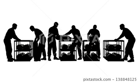 Black Solid Naval Depth Charge Loading Technicians Silhouettes Set of Six on White Background Black Solid Naval Depth Charge Loading Technicians Silhouettes Set of Six on White Background 138848125