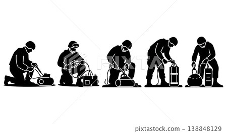 Black Solid Defusing Explosive Device Army Specialist Silhouettes Set of Six on White Background Black Solid Defusing Explosive Device Army Specialist Silhouettes Set of Six on White Background 138848129