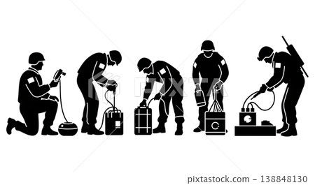 Black Solid Defusing Explosive Device Army Specialist Silhouettes Set of Six on White Background Black Solid Defusing Explosive Device Army Specialist Silhouettes Set of Six on White Background 138848130