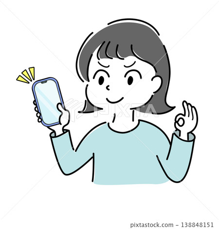 一幅簡單的插圖，描繪了一位手持智慧型手機、面帶笑容的女性，她比出了OK的手勢。 138848151