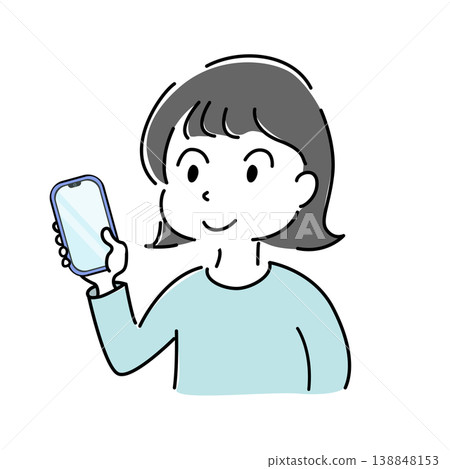 一位面帶微笑的年輕女子正在使用智慧型手機的插圖（微笑、滿意、社交媒體、人物圖像） 138848153