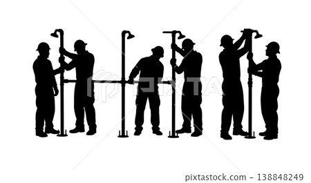 Black Solid Decontamination Shower Repair Mechanics Silhouettes Set of Six on White Background Black Solid Decontamination Shower Repair Mechanics Silhouettes Set of Six on White Background 138848249