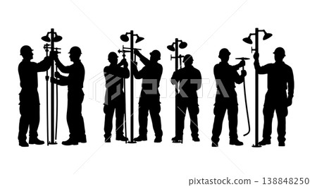 Black Solid Decontamination Shower Repair Mechanics Silhouettes Set of Six on White Background Black Solid Decontamination Shower Repair Mechanics Silhouettes Set of Six on White Background 138848250