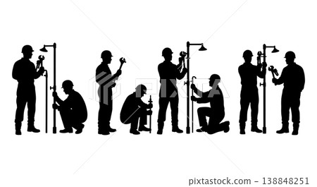 Black Solid Decontamination Shower Repair Mechanics Silhouettes Set of Six on White Background Black Solid Decontamination Shower Repair Mechanics Silhouettes Set of Six on White Background 138848251