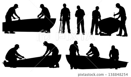Black Solid Deep Fiberglass Hull Crack Repair Silhouettes Set of Six on White Background 138848254